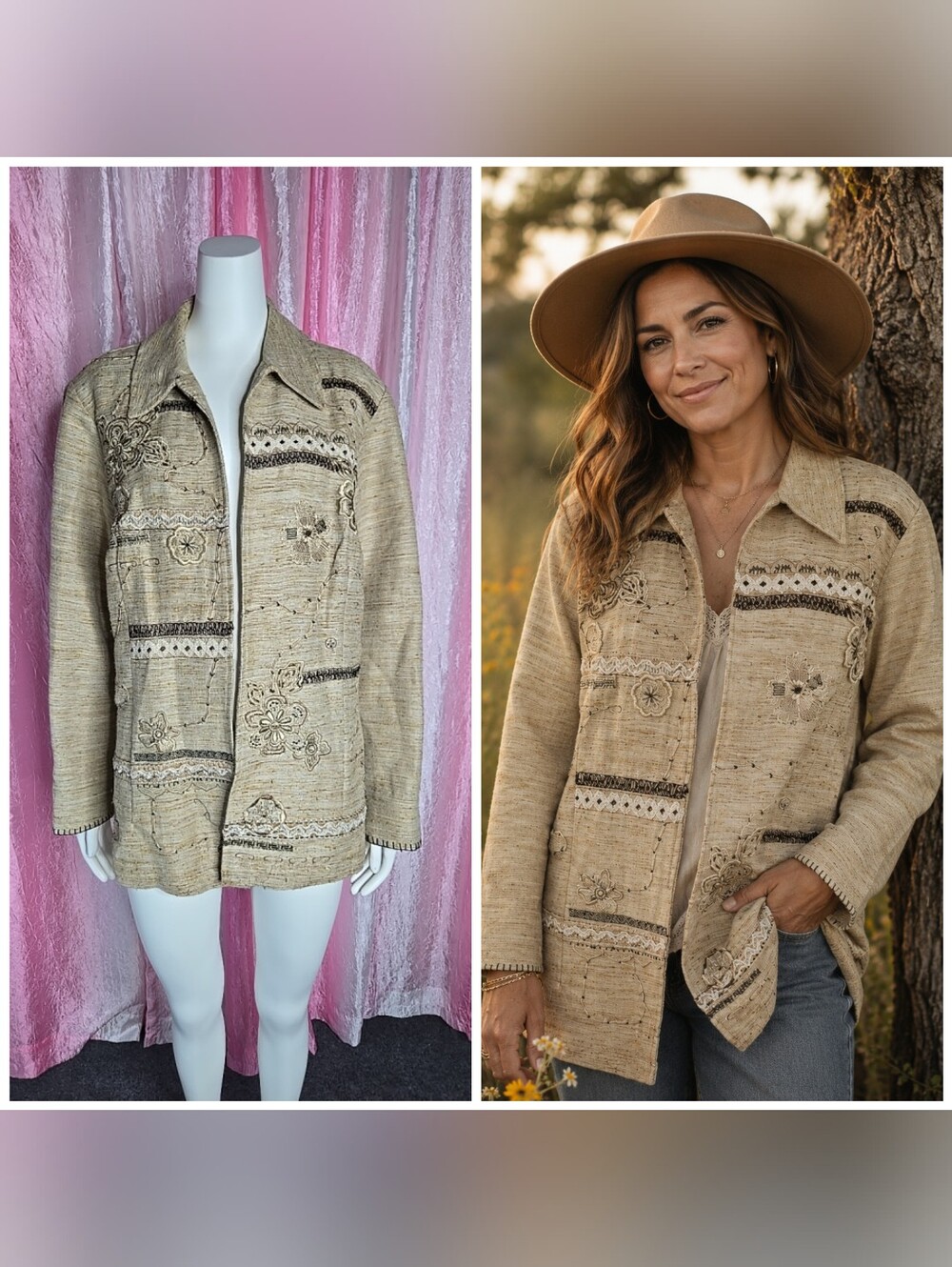 Coldwater Creek Boho Khaki Embroidered Linen Lined Jute Jacket Size 1X